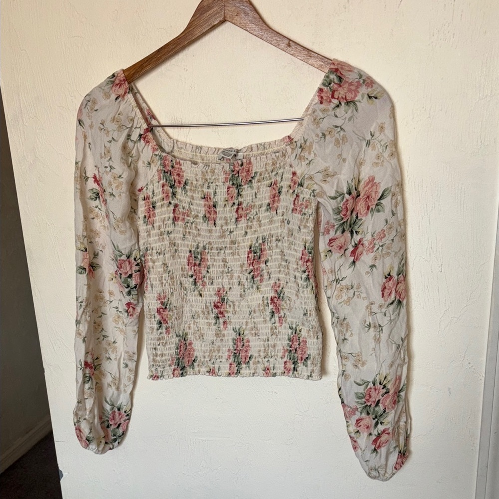 American Eagle Outfitters Smocked Blouse Cream and Pink